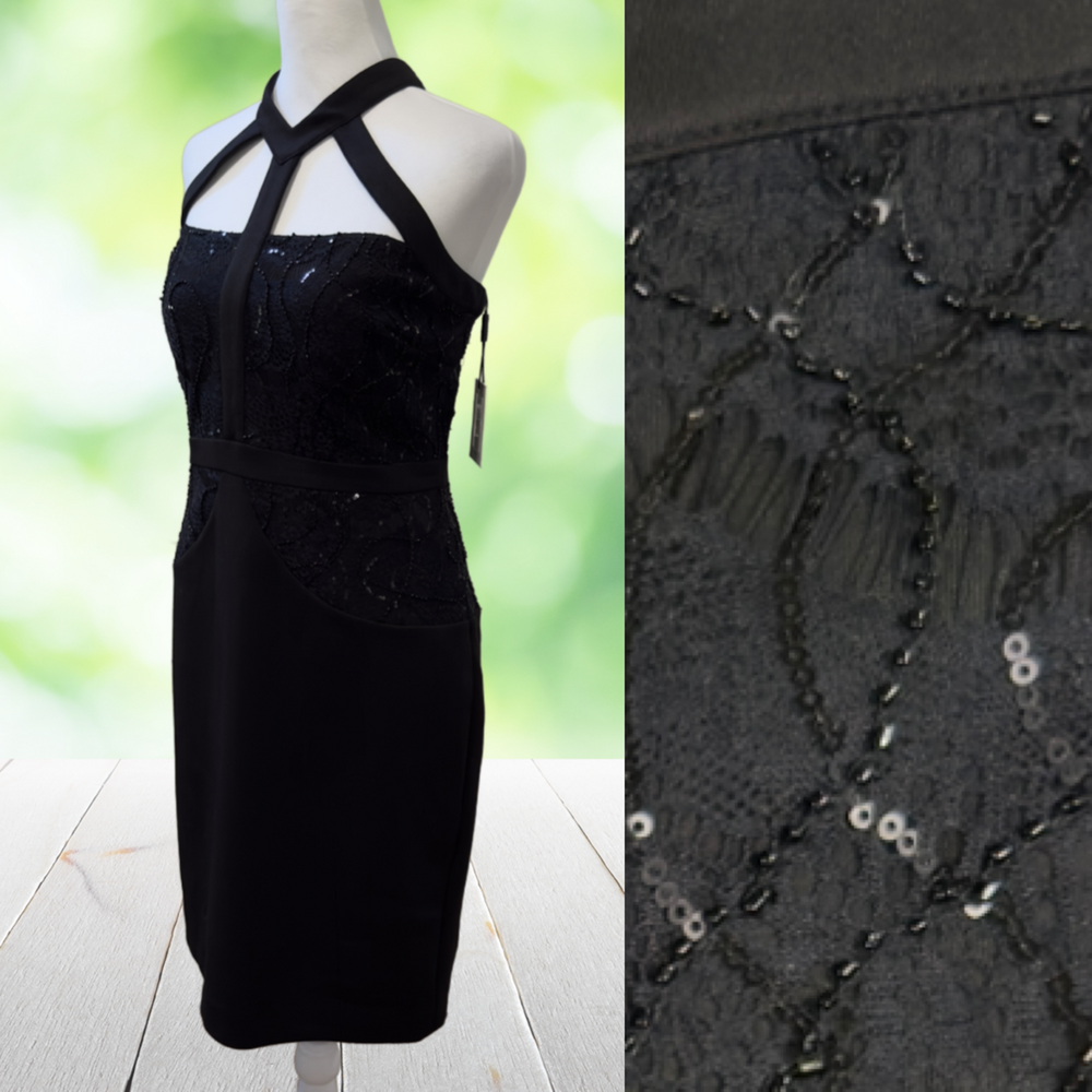CALVIN KLEIN Dress Womens 10 Black Hand Beaded Ponte Sequin Cage Halter Club NWT